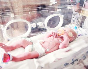 Ein Baby lieget verkabelt in einem Brutkasten.