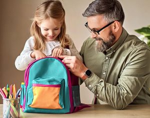 Ein Mädchen räumt mit Unterstützung des Vaters seinen Schulrucksack ein.